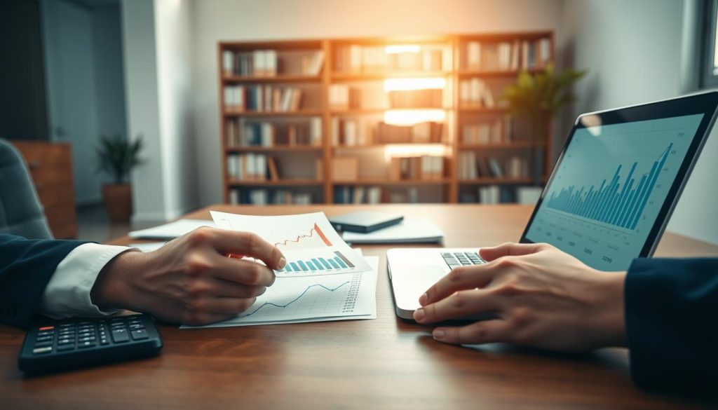 A tranquil office setting, featuring a modern wooden desk adorned with financial documents, a calculator, and a laptop displaying graphs. In the foreground, a pair of hands of a business professional, wearing a crisp white shirt and navy blazer, are thoughtfully analyzing a loan interest rate chart. In the middle ground, a large window allows natural light to pour in, creating a warm atmosphere. A bookshelf filled with financial books adds depth to the background. The image captures a focused and contemplative mood, emphasizing the importance of understanding reasonable loan rates. Soft, diffused lighting highlights the details while maintaining a professional and calm environment.
