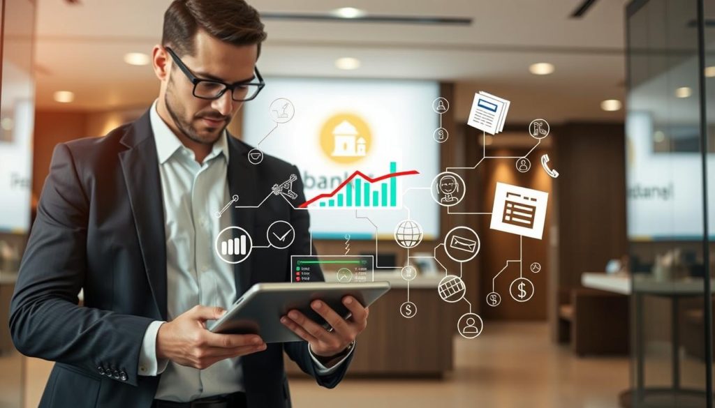 A visually compelling composition illustrating the impact of credit scores and credit history on loan approval. In the foreground, a confident business person in professional attire examines a digital tablet displaying colorful graphs and credit scores. The middle ground features a stylized representation of credit history, with symbolic icons such as credit cards, loans, and financial documents, interconnected by flowing lines. The background displays a modern bank setting with soft lighting, accentuating the seriousness of financial decisions. Use a slightly elevated camera angle to capture all elements harmoniously, creating a mood of determination and clarity. The overall color palette should be warm and inviting, fostering a sense of trust and professionalism. A visually compelling composition illustrating the impact of credit scores and credit history on loan approval. In the foreground, a confident business person in professional attire examines a digital tablet displaying colorful graphs and credit scores. The middle ground features a stylized representation of credit history, with symbolic icons such as credit cards, loans, and financial documents, interconnected by flowing lines. The background displays a modern bank setting with soft lighting, accentuating the seriousness of financial decisions. Use a slightly elevated camera angle to capture all elements harmoniously, creating a mood of determination and clarity. The overall color palette should be warm and inviting, fostering a sense of trust and professionalism.