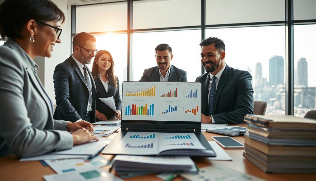 A visually compelling scene depicting the concept of "cash flow" in a dynamic, professional setting. In the foreground, a diverse group of three business professionals in smart business attire is engaged in a discussion around a table strewn with financial documents and graphs showcasing cash flow analysis. The middle ground features an open laptop displaying colorful charts and numbers associated with cash inflows and outflows. In the background, a modern office environment with large windows letting in natural light, highlighting a skyline view to convey a sense of ambition and opportunity. The mood is focused and collaborative, emphasizing the importance of financial literacy and planning in achieving stability. Bright yet soft lighting enhances the professional atmosphere, creating a balanced and motivational image.