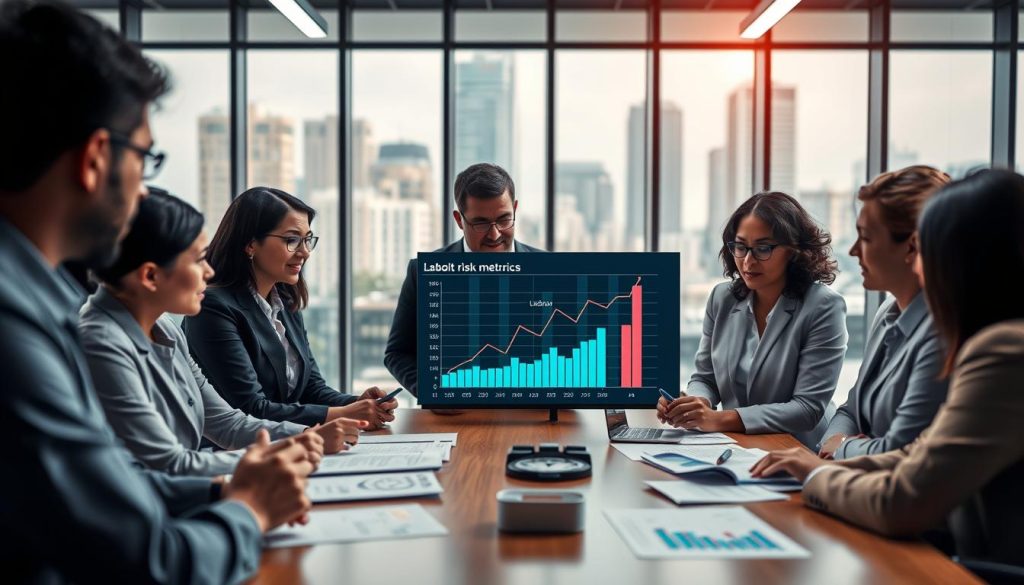 A visually compelling scene illustrating the connection between labor insurance records and credit risk assessment. In the foreground, a diverse group of professional individuals in business attire gather around a conference table, reviewing documents related to labor insurance. The middle ground features charts and graphs on a digital screen, depicting credit risk metrics and labor history correlations. In the background, a modern office setting showcases large windows with city views, filled with natural light, creating a vibrant atmosphere. The lens used should capture a slight depth of field, focusing on the professionals while hinting at the data visuals. The overall mood is collaborative and analytical, emphasizing the importance of labor records in financial assessments.
