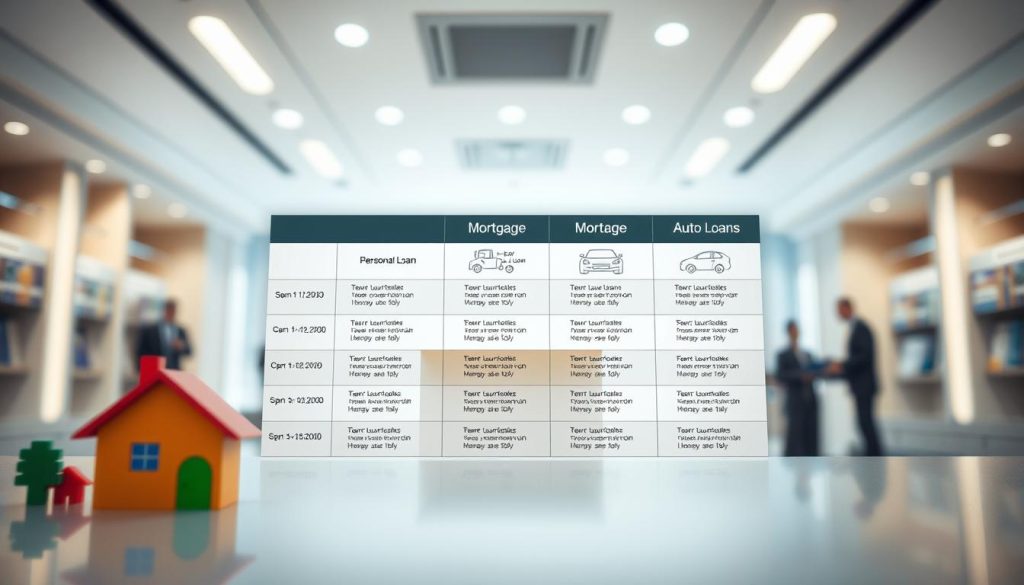 A visually engaging comparison chart illustrating common types of loans, such as personal loans, mortgages, and auto loans, alongside their respective approval timelines. In the foreground, include colorful icons representing each loan type, such as a house for mortgages and a car for auto loans. The middle layer features a sleek, organized table comparing the loan types with illustrated timelines, possibly incorporating subtle arrows to indicate duration, enhancing clarity. The background should depict a professional banking environment, with soft, diffused lighting that evokes a sense of trust and stability. Use a wide-angle perspective to create depth, ensuring the overall atmosphere feels informative and accessible, suitable for a financial article.