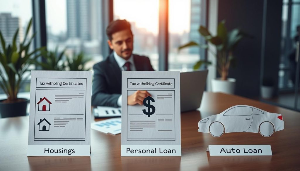 A visually engaging composition illustrating the different requirements of tax withholding certificates for housing loans, personal loans, and auto loans. In the foreground, three distinct documents representing each loan type, labeled accordingly, each featuring unique icons: a house for housing loans, a dollar sign for personal loans, and a car outline for auto loans. The middle ground showcases a professional in business attire, attentively reviewing the documents on a sleek desk with a laptop and financial charts. In the background, an office environment enhanced with natural light filtering through large windows, plants adding a touch of greenery, and a soft-focus cityscape view. The overall atmosphere is serious yet optimistic, emphasizing preparation and professionalism in financial matters. A visually engaging composition illustrating the different requirements of tax withholding certificates for housing loans, personal loans, and auto loans. In the foreground, three distinct documents representing each loan type, labeled accordingly, each featuring unique icons: a house for housing loans, a dollar sign for personal loans, and a car outline for auto loans. The middle ground showcases a professional in business attire, attentively reviewing the documents on a sleek desk with a laptop and financial charts. In the background, an office environment enhanced with natural light filtering through large windows, plants adding a touch of greenery, and a soft-focus cityscape view. The overall atmosphere is serious yet optimistic, emphasizing preparation and professionalism in financial matters.