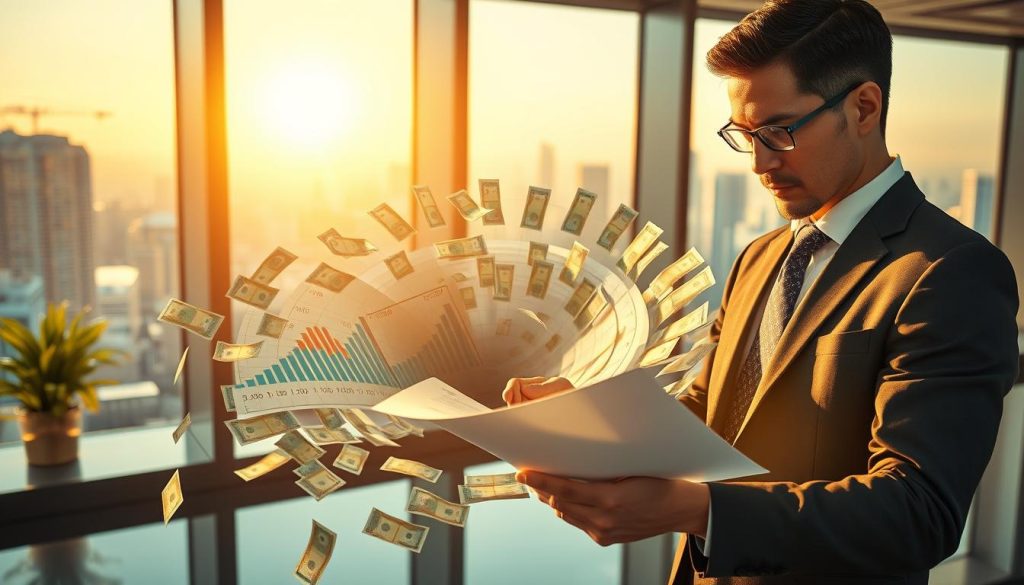A visually engaging depiction of "循環利息" (circulating interest), showcasing a clear metaphor for financial concepts. In the foreground, a professional looking person in business attire thoughtfully examines a document with financial graphs illustrating increasing interest rates. In the middle ground, a swirling vortex of currency notes infuses a sense of circulation, symbolizing the flow of interest. The background features a modern office setting with a large window showing a city skyline, bathed in warm, golden light to evoke a feeling of optimism and prosperity. Angle the scene slightly from above to capture the entire composition. The atmosphere should be dynamic, emphasizing the idea of opportunity within the context of circular interest in finance.