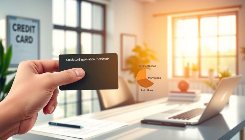 A visually engaging illustration focusing on the concept of credit card application thresholds. In the foreground, display a hand holding a credit card with a slightly blurred background of documents and a calculator, symbolizing the financial assessment process. The middle ground features a pie chart detailing various loan thresholds, including personal loans, mortgages, and auto loans, highlighted in different colors. The background shows a modern office setting, with natural lighting pouring through a window, creating a bright and professional atmosphere. Incorporate a sleek, contemporary desk design with plants, books, and a laptop, emphasizing a business vibe. The overall mood should be informative and focused, reflecting the analytical nature of credit applications without textual distractions.