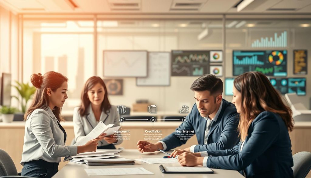 A visually engaging illustration of a loan application process for freelancers, highlighting key steps with a clear timeline. In the foreground, professional individuals, dressed in business attire, are seen discussing documents around a table, representing collaboration. The middle ground features a detailed timeline showcasing stages like 'initial application', 'document submission', 'credit evaluation', and 'final decision', each marked with icons or images that signify these steps. The background depicts an office environment with charts and financial data displayed on screens, conveying a busy yet organized atmosphere. Soft lighting illuminates the scene, giving it a professional, calm feel, captured from an eye-level angle to create an approachable perspective.