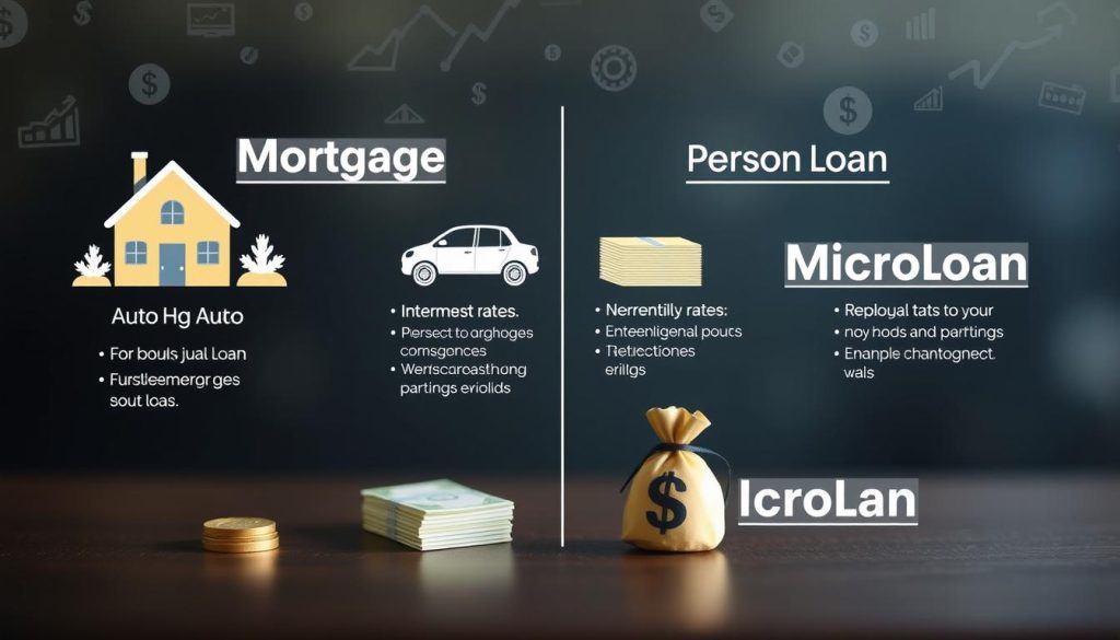 A visually engaging infographic-style image representing different loan categories: mortgage, auto loan, personal loan, and microloan, emphasizing their respective key features in a cohesive layout. In the foreground, illustrate icons or symbols for each loan type, such as a house for mortgage, a car for auto loan, stacks of cash for personal loan, and a small money bag for microloan. In the middle ground, integrate brief, highlighted bullet points summarizing their main characteristics, such as interest rates and repayment terms, ensuring clarity and readability. The background should feature a subtle financial-themed design, possibly with abstract patterns of graphs or currency symbols. Use soft, professional lighting to create an inviting atmosphere. The overall mood should feel informative and engaging, ideal for a financial article context. A visually engaging infographic-style image representing different loan categories: mortgage, auto loan, personal loan, and microloan, emphasizing their respective key features in a cohesive layout. In the foreground, illustrate icons or symbols for each loan type, such as a house for mortgage, a car for auto loan, stacks of cash for personal loan, and a small money bag for microloan. In the middle ground, integrate brief, highlighted bullet points summarizing their main characteristics, such as interest rates and repayment terms, ensuring clarity and readability. The background should feature a subtle financial-themed design, possibly with abstract patterns of graphs or currency symbols. Use soft, professional lighting to create an inviting atmosphere. The overall mood should feel informative and engaging, ideal for a financial article context.