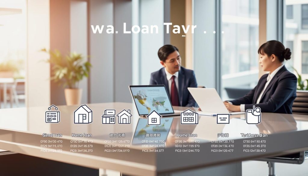 A visually engaging infographic-style image showcasing "Taiwan Loan Types" suitable for various personal financial scenarios. In the foreground, a professional in business attire, engaged in a conversation with a financial advisor, both sitting at a sleek, modern desk adorned with documents and a laptop reflecting graphs and loan types. The middle ground features a variety of visual icons representing different types of loans, such as personal loans, home loans, and small business loans, arranged in an organized manner. The background depicts a stylish office environment with soft, natural lighting streaming through large windows, creating a welcoming and informative atmosphere. The overall mood is one of professionalism and reliability, emphasizing informed financial choices without any text or distractions.