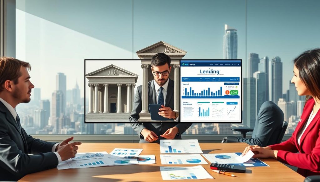 A visually engaging representation of different financial pathways for credit evaluation, emphasizing their distinctions, pros, and cons. In the foreground, depict a diverse group of professionals in business attire discussing various charts and documents on a table, showcasing graphs that illustrate approval rates and requirements. The middle layer should feature a split-screen view highlighting a bank's formal office on one side and an online lending platform interface on the other, incorporating elements like calculators and paperwork. The background should depict a bustling cityscape with modern skyscrapers symbolizing financial institutions. Soft, natural lighting casts professional shadows, creating a focused, analytical atmosphere, suitable for a business article.