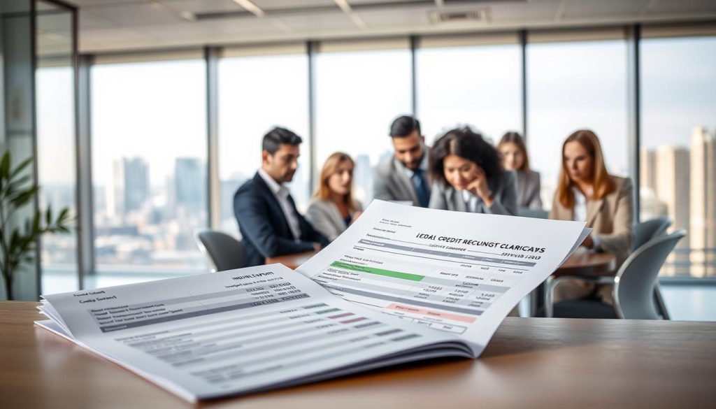 A visually engaging representation of the concept "聯徵查詢次數" related to credit scoring and loan eligibility. In the foreground, display a sleek, modern credit report with highlighted sections indicating inquiry counts, illustrating the concept of credit checks. In the middle ground, depict a diverse group of professionals discussing financial documents around a conference table, with expressions of concern and determination. The background should feature a well-lit office environment, complete with large windows showing a cityscape, conveying a sense of urgency and decision-making. Soft, natural lighting adds a professional yet approachable atmosphere. The image should be clear and organized, avoiding clutter to emphasize the critical nature of credit assessments in loan applications.