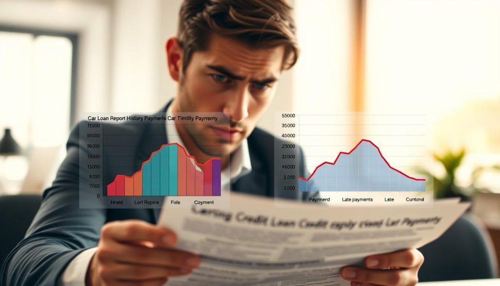 A visually engaging representation of the impact of car loan payment history on credit scores. In the foreground, a professional individual is analyzing a detailed credit report, looking thoughtful and concerned. In the middle ground, two contrasting charts: one showing a rising credit score next to timely payments, and another depicting a declining score alongside late payments. The background features a soft-focus office environment with warm lighting, emphasizing clarity and focus. A large window allows soft natural light to create a bright atmosphere. The mood conveys a blend of anxiety and hope, illustrating the delicate balance of financial responsibility. The angle captures the scene from a slight elevation, providing a comprehensive view of the report and charts without including any text or distractions.