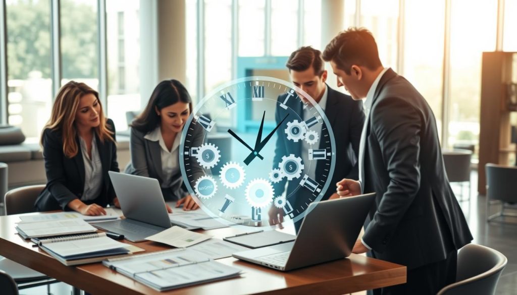 A visually engaging scene depicting the core factors influencing loan approval timelines at a bank. In the foreground, a diverse group of professionals in business attire discuss over a table filled with documents, charts, and a laptop displaying data analytics. The middle layer features a large, transparent clock symbolizing time with various gears and icons representing factors such as credit scores, documentation, and risk assessment intertwined within it. In the background, a modern bank interior is visible with sleek furniture, large windows letting in natural light, and a calm, organized atmosphere. The lighting is bright and warm, creating an optimistic mood, emphasizing efficiency and trust in the loan approval process. The image should have a slight depth of field to focus on the discussion in the foreground, capturing the essence of teamwork and analysis in financial decisions.