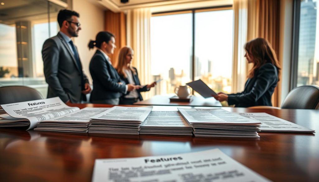 A visually informative montage representing various loan product options and their differences. In the foreground, showcase several distinct loan documents and brochures laid out on a polished wooden desk, each labeled with key features. In the middle ground, a diverse group of professionals in business attire is engaged in discussion, analyzing the documents with expressions of interest and consideration. In the background, a softly lit office space with a large window reveals a city skyline, hinting at the competitive nature of financial services. Use warm, natural lighting to create an inviting atmosphere, with a shallow depth of field focusing on the documents and people to emphasize their importance in decision-making. A visually informative montage representing various loan product options and their differences. In the foreground, showcase several distinct loan documents and brochures laid out on a polished wooden desk, each labeled with key features. In the middle ground, a diverse group of professionals in business attire is engaged in discussion, analyzing the documents with expressions of interest and consideration. In the background, a softly lit office space with a large window reveals a city skyline, hinting at the competitive nature of financial services. Use warm, natural lighting to create an inviting atmosphere, with a shallow depth of field focusing on the documents and people to emphasize their importance in decision-making.