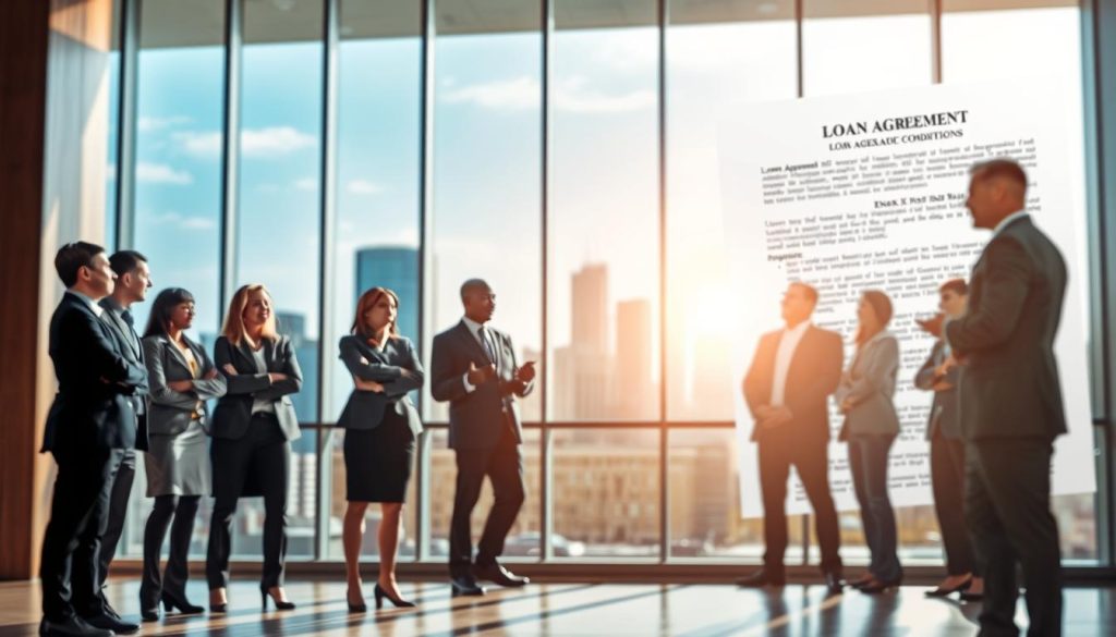 A visually striking composition showcasing the concept of "guarantor conditions" in a banking context. In the foreground, a diverse group of professionals in business attire stands confident and engaged in discussion, highlighting key qualities such as reliability and trustworthiness. The middle ground features a modern bank office setting with a large glass window showcasing a city skyline, conveying a sense of opportunity and stability. Soft, natural lighting flows through the window, creating an optimistic atmosphere. In the background, a blurred image of a loan agreement document subtly represents the connection to loan applications. The overall mood is professional and hopeful, emphasizing the importance of a guarantor in affecting loan approval and interest rates.