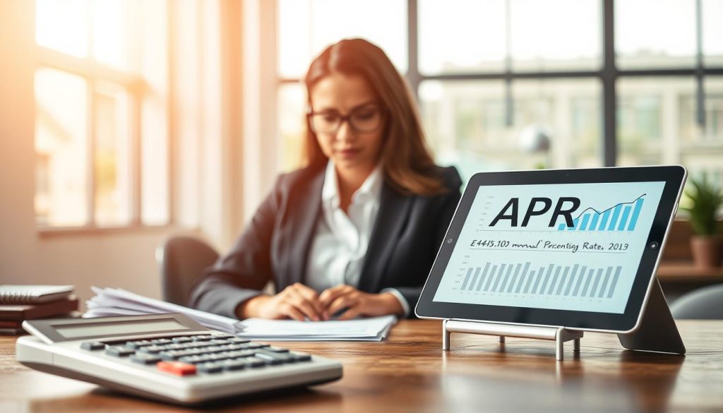 A visually striking illustration representing the concept of APR (Annual Percentage Rate) in a professional financial context. In the foreground, an elegant calculator rests on a wooden desk, partially obscured by a stack of forms and documents symbolizing loan applications. In the middle, a well-dressed professional, a diverse woman in a business suit with glasses, focuses intently on a digital tablet displaying financial graphs and the word 'APR' highlighted. The background features a softly blurred office setting, with light filtering through large windows, creating a warm and conducive atmosphere for financial discussions. The overall mood is serious yet confident, reflecting a thoughtful deliberation on financial terms and rates. The lighting is bright but gentle, enhancing the professional tone of the scene.