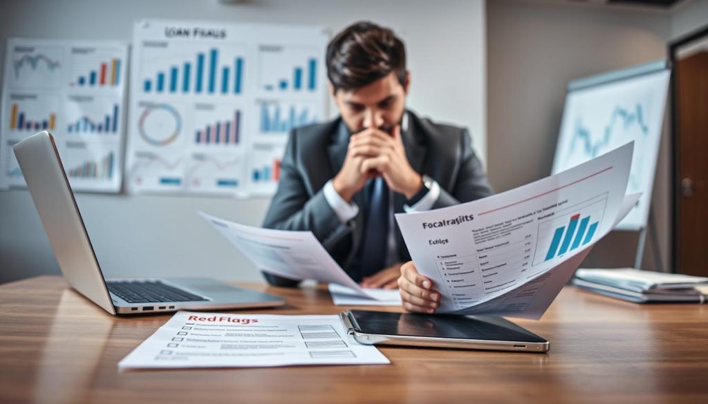 A visually striking image depicting a modern financial office setting, with a focus on a professional-looking individual analyzing loan documents. In the foreground, show a person in business attire, thoughtfully reviewing papers, conveying a sense of caution and diligence. In the middle, include a sleek desk with a laptop open, displaying graphs and loan statistics, alongside a visible checklist labeled "Red Flags." In the background, portray a blurred view of financial charts on the wall, hinting at a serious analysis environment. The lighting should be bright and well-lit, emphasizing clarity and focus, while creating a slightly tense atmosphere that reflects the importance of vigilance against scams in financial transactions. The composition should be captured at eye level, inviting viewers to engage with the theme of caution against loan fraud. A visually striking image depicting a modern financial office setting, with a focus on a professional-looking individual analyzing loan documents. In the foreground, show a person in business attire, thoughtfully reviewing papers, conveying a sense of caution and diligence. In the middle, include a sleek desk with a laptop open, displaying graphs and loan statistics, alongside a visible checklist labeled "Red Flags." In the background, portray a blurred view of financial charts on the wall, hinting at a serious analysis environment. The lighting should be bright and well-lit, emphasizing clarity and focus, while creating a slightly tense atmosphere that reflects the importance of vigilance against scams in financial transactions. The composition should be captured at eye level, inviting viewers to engage with the theme of caution against loan fraud.