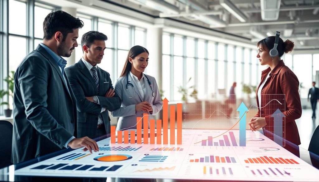 A visually striking infographic depicting the impact of occupational types and industry trends on risk levels. In the foreground, include a diverse group of professionals in business attire, such as a financial analyst, a healthcare worker, and a tech engineer, each engaging in discussion around a digital table filled with charts and graphs representing risk data. The middle ground should display dynamic bar graphs and line charts that illustrate varying risk levels across different industries, with arrows showing upward and downward trends. The background features a bright office environment with large windows, softly diffused natural light for a professional atmosphere, capturing a sense of analysis and insight. Ensure the mood is serious yet hopeful, symbolizing informed decision-making in financial contexts. A visually striking infographic depicting the impact of occupational types and industry trends on risk levels. In the foreground, include a diverse group of professionals in business attire, such as a financial analyst, a healthcare worker, and a tech engineer, each engaging in discussion around a digital table filled with charts and graphs representing risk data. The middle ground should display dynamic bar graphs and line charts that illustrate varying risk levels across different industries, with arrows showing upward and downward trends. The background features a bright office environment with large windows, softly diffused natural light for a professional atmosphere, capturing a sense of analysis and insight. Ensure the mood is serious yet hopeful, symbolizing informed decision-making in financial contexts.