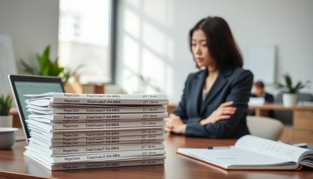 A well-organized desk in a modern office setting, featuring a neatly stacked pile of loan application documents emphasizing rejection reasons in Mandarin Chinese characters. In the foreground, a focused female figure dressed in professional business attire, examining the documents with a thoughtful expression. The middle ground shows a laptop screen displaying financial graphs, while an open notebook holds notes and checklists. The background consists of soft-focus office elements, like indoor plants and minimalistic decor, creating a calm and contemplative atmosphere. Natural light streams in from a window, casting gentle shadows and enhancing the sense of clarity and determination in the scene. The overall mood is serious yet hopeful, representing the challenges faced by homemakers seeking loans in Taiwan.