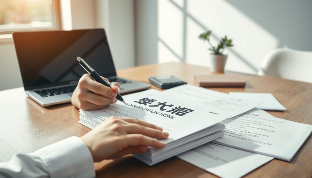 A well-organized desk in a modern office setting, with a focus on a neatly arranged stack of application documents labeled "申請文件" in elegant font. In the foreground, a pair of professional hands hold a pen, preparing to sign a document. The middle ground showcases a laptop, a calculator, and a notepad filled with a detailed checklist for loan application preparation, conveying a sense of urgency and clarity. The background features a large window with natural light streaming in, casting soft shadows that enhance the ambiance of productivity. The overall mood is focused and diligent, promoting a sense of readiness and determination to secure funds. The image should avoid any text overlays or distractions, emphasizing the importance of preparation.
