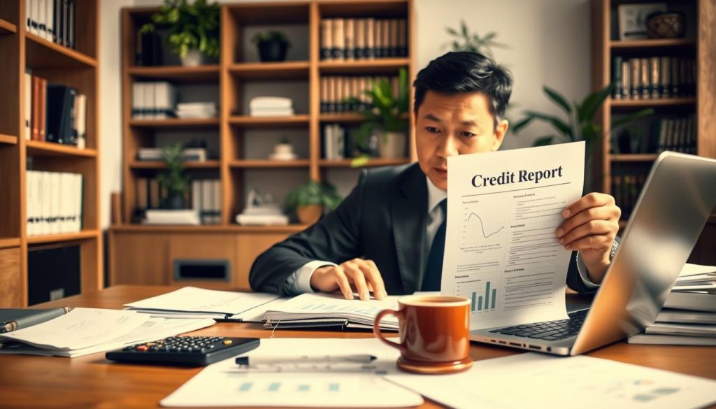 A well-organized desk scene featuring a person in professional business attire, attentively studying a document labeled "Credit Report." The foreground shows the individual, a middle-aged Asian male, focused on a laptop and a printed report with clear graphs and charts. The middle layer features various financial documents, a calculator, and a cup of coffee, suggesting an atmosphere of careful consideration and analysis. The background is softly blurred, revealing a well-lit office environment with bookshelves filled with financial books and plants, creating a sense of professionalism and calm. The lighting is warm and inviting, casting gentle shadows, enhancing the mood of diligence and responsibility in understanding financial health.