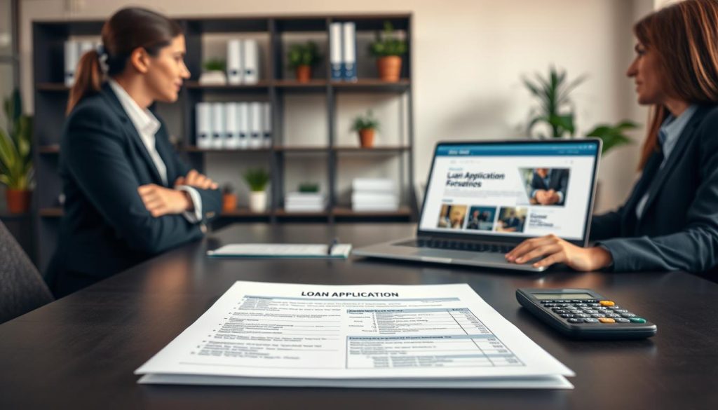 A well-organized desk scene focusing on a neatly arranged loan application document prominently displayed in the foreground. The document features clear headings and structured sections, subtly hinting at financial information without giving specifics. To the side, there are professional business attire-clad individuals engaging in discussion, conveying a sense of collaboration and strategizing. The middle layer includes a laptop open to a webpage about loan applications and a calculator, suggesting preparation and financial planning. The background is softly focused, showcasing a modern office environment with shelves containing financial books and plants, creating a warm and inviting atmosphere. Use soft, natural lighting to enhance the sense of professionalism and focus on the document as the central point of interest. A well-organized desk scene focusing on a neatly arranged loan application document prominently displayed in the foreground. The document features clear headings and structured sections, subtly hinting at financial information without giving specifics. To the side, there are professional business attire-clad individuals engaging in discussion, conveying a sense of collaboration and strategizing. The middle layer includes a laptop open to a webpage about loan applications and a calculator, suggesting preparation and financial planning. The background is softly focused, showcasing a modern office environment with shelves containing financial books and plants, creating a warm and inviting atmosphere. Use soft, natural lighting to enhance the sense of professionalism and focus on the document as the central point of interest.
