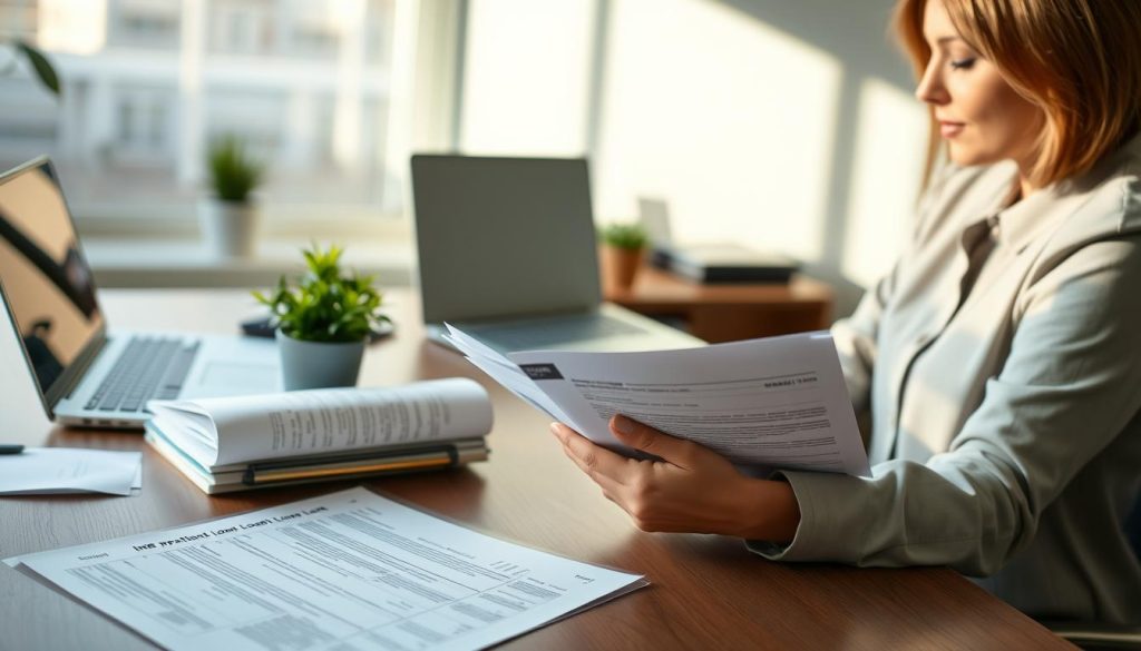 A well-organized desk scene showcasing important loan documents prominently in the foreground, including forms, identification papers, and financial statements. The middle ground features a calming, stylish workspace with a small potted plant and a laptop, reflecting a modern, professional atmosphere. In the background, soft natural light filters through a window, casting gentle shadows that create depth. A businesswoman in modest casual clothing is seated at the desk, reviewing the documents with a focused expression. The overall mood conveys preparation, professionalism, and a sense of responsibility as she navigates the loan application process. The image should maintain a clean, clutter-free aesthetic, with no text or watermarks.