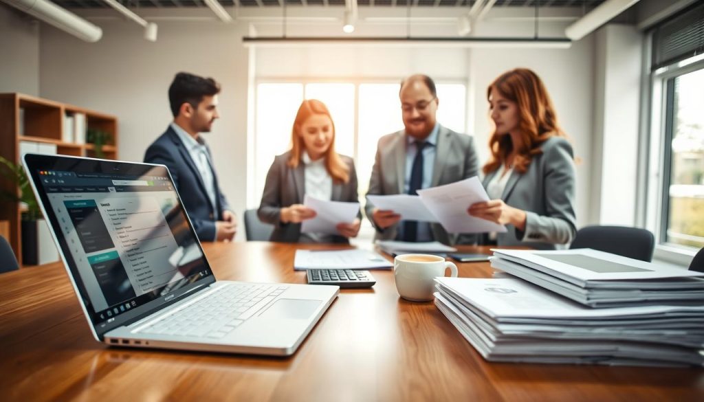 A well-organized office setting showcasing a selection of legitimate loan pathways. In the foreground, a polished wooden desk with a laptop open to a loan application interface, stacks of financial documents, calculator, and a cup of coffee. In the middle ground, a diverse group of professionals in business attire discussing over paperwork, representing different loan options: a bank representative, a finance company consultant, and a loan broker, all engaged in a productive conversation. The background features a bright, modern office with large windows, allowing natural light to flood the space, creating a warm, inviting atmosphere. Use soft lighting and a slightly blurred background to emphasize the focus on the individuals. The overall mood is one of collaboration and trust, ideal for exploring financial options.