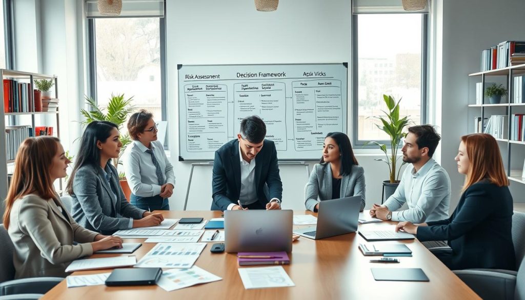 A well-organized office space designed for financial decision-making. In the foreground, a diverse group of professionals dressed in business attire, engaged in a discussion around a large table filled with documents, charts, and a laptop showing financial data. The middle ground features a whiteboard filled with risk assessment charts and a decision framework diagram, highlighting loan application processes. In the background, shelves filled with financial books and plants add to a calming atmosphere. Soft, natural lighting filters through large windows, casting gentle shadows that enhance the professional yet inviting vibe. The overall mood is focused and analytical, reflecting a serious approach to evaluating the risks of applying for loans after changing jobs.