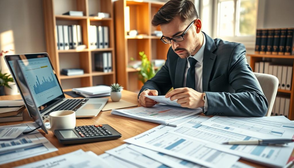A well-organized workspace featuring a wooden desk cluttered with financial documents, a calculator, a laptop displaying graphs, and a cup of coffee. In the foreground, an individual in professional business attire, deeply focused as they sort through spreadsheets and notes with a look of determination. The middle ground includes a small potted plant adding a touch of greenery, while in the background, a softly lit bookshelf with financial books creates a warm atmosphere. Natural light streams through a window, casting gentle shadows that enhance the mood of concentration and diligence in preparing for a bank loan application. The overall atmosphere is one of professionalism and careful planning, emphasizing the importance of financial organization. A well-organized workspace featuring a wooden desk cluttered with financial documents, a calculator, a laptop displaying graphs, and a cup of coffee. In the foreground, an individual in professional business attire, deeply focused as they sort through spreadsheets and notes with a look of determination. The middle ground includes a small potted plant adding a touch of greenery, while in the background, a softly lit bookshelf with financial books creates a warm atmosphere. Natural light streams through a window, casting gentle shadows that enhance the mood of concentration and diligence in preparing for a bank loan application. The overall atmosphere is one of professionalism and careful planning, emphasizing the importance of financial organization.