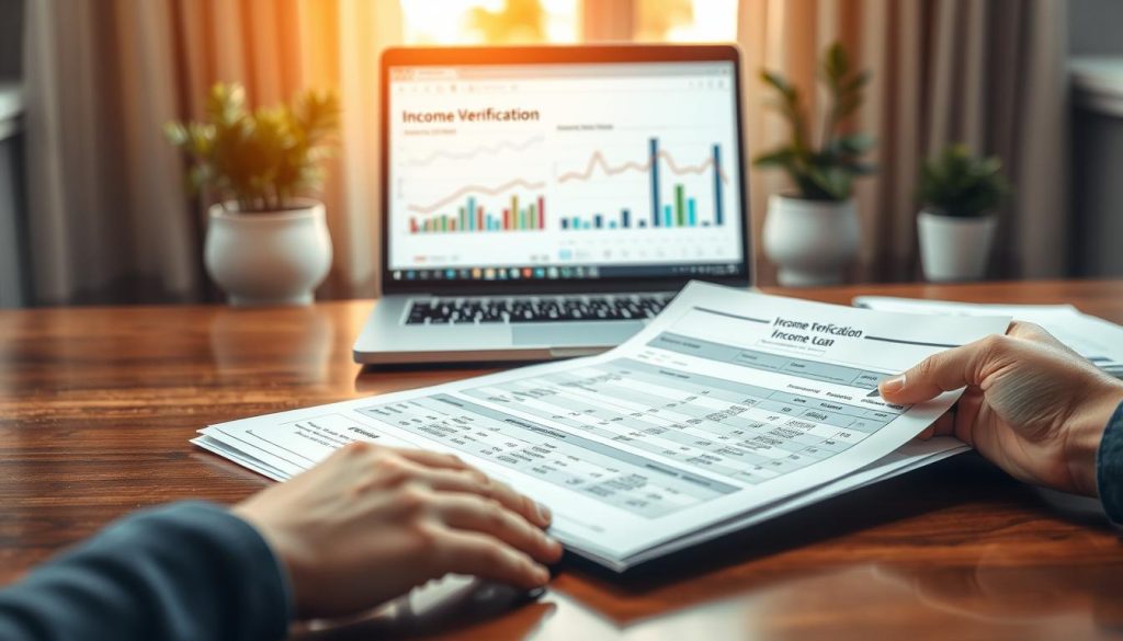 A well-organized workspace showcasing a detailed income verification document, known as "收入證明," lies on a polished wooden desk. In the foreground, a pair of professional hands holding a pen prepares to sign the document, with the document displaying a variety of income sources typical for a freelancer. In the middle ground, a laptop is open, displaying charts that highlight fluctuating income trends. The background features a calm office environment, with soft-focus potted plants and warm, natural light filtering through a window, creating an inviting atmosphere. The scene conveys professionalism and clarity, emphasizing the importance of accurate income representation for freelancers seeking financial assistance. The overall mood is focused and optimistic, ideal for supporting the theme of income preparation for loan applications.