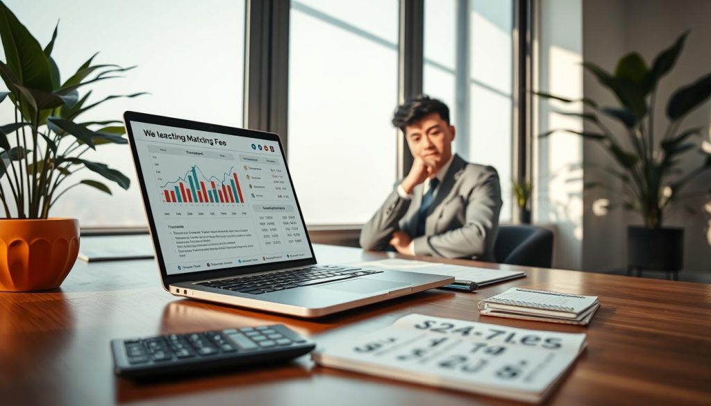 A workspace scene depicting a professional setting focused on the concept of "媒合費用" (matching fees). In the foreground, a modern desk with an open laptop displaying charts and numbers related to fees and commissions. On the desk, a calculator and a notepad with notes on fee structures. The middle section features a business person in professional attire, thoughtfully analyzing the data on the laptop, conveying a sense of focus and determination. The background includes a large window with natural light streaming in, giving a bright and optimistic atmosphere. Soft shadows cast by indoor plants enhance the serene environment. The overall mood is professional and contemplative, illustrating the intricate dynamics of fee structures in a loan platform context.