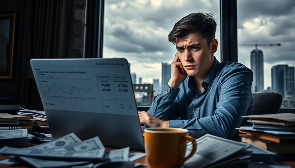 A worried young professional sits at a cluttered desk, staring at a laptop with a detailed financial report showing fluctuating income graphs and debt reminders. In the foreground, emphasize their anxious expression, wearing smart casual attire. In the middle ground, depict piles of bills and a coffee cup, symbolizing financial stress. In the background, a window reveals a dismal cityscape under cloudy skies, suggesting uncertainty and instability. Use soft, diffused lighting to create an atmosphere of tension and concern. The camera angle is slightly low, giving a feeling of overwhelm, while the overall color palette is muted, enhancing the mood of financial unease.