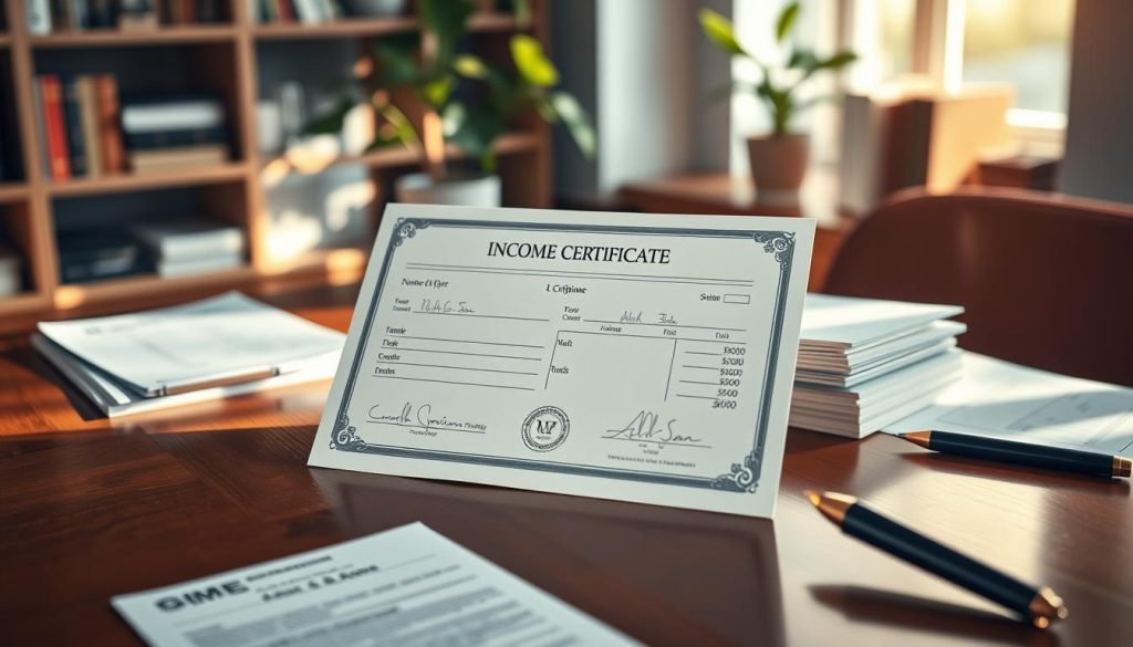 An elegant and detailed income certificate displayed prominently on a polished wooden desk, surrounded by essential financial documents like pay stubs and bank statements. The certificate features a clean, professional layout with clear headings and official signatures. In the background, softly blurred shelves filled with financial books and a potted plant create an atmosphere of professionalism and trustworthiness. Warm, natural light streams in from a nearby window, casting gentle shadows and enhancing the textures of the desk and documents. The scene conveys a sense of reliability and order, perfect for illustrating the preparation of financial documents for loan applications.