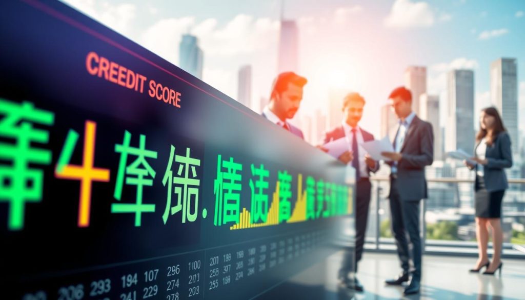 An illustrative image focusing on the concept of "信用評分" (credit score) set in a professional and modern financial environment. In the foreground, a close-up view of a digital credit score display showing fluctuating numbers and graphs in vibrant colors. In the middle ground, a diverse group of professionals in business attire, two of whom are discussing financial documents, while another is analyzing data on a laptop. The background features a cityscape with high-rise buildings, symbolizing economic activity. The lighting is bright and optimistic, reflecting a sense of professionalism and hope for financial growth. The overall atmosphere conveys seriousness while highlighting the importance of maintaining a good credit score.