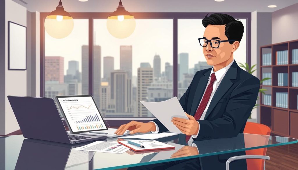 An illustrative representation of a financial consultation scene in a modern office. In the foreground, a well-dressed financial advisor, a middle-aged Asian man with glasses, is seated at a sleek glass table, analyzing documents with a look of concentration. A laptop displays graphs and statistics, illuminated by warm overhead lighting to create a professional atmosphere. In the middle ground, a large window reveals a city skyline, adding depth and context to the location. The background features a bookshelf filled with financial books and a potted plant, enhancing the professional setting. The overall mood is serious yet approachable, reflecting an environment of trust and expertise in financial matters. The image conveys the concept of credit inquiries visually without using any text or captions.