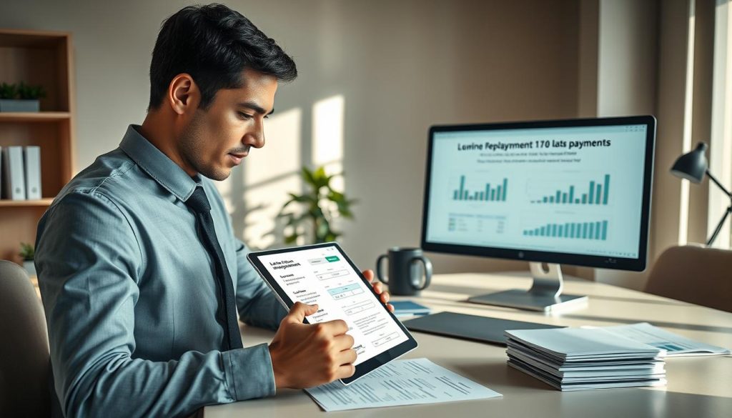 An office setting with a calm, professional atmosphere, featuring a well-lit desk with financial documents neatly arranged on it. In the foreground, a focused individual wearing professional business attire analyzes a self-assessment form on a tablet, showing an evaluation of loan repayment situations. The middle ground includes a computer displaying financial graphs and statistics, representing different levels of late payments and their potential impacts on re-application opportunities. Soft lighting enhances the thoughtful mood, with sunlight filtering through a window in the background, casting gentle shadows. Subtle colors create an inviting environment, symbolizing a blend of hope and caution in financial decisions.