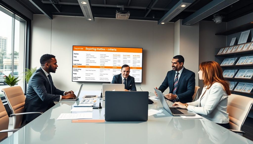 A bank office interior depicting an organized and professional environment. In the foreground, a diverse group of three professionals in business attire are engaged in a serious discussion around a modern conference table, with laptops and documents spread out before them. The middle ground features a large screen displaying key banking metrics and criteria for loan approvals. The background shows shelves filled with financial reports and certificates, with a large window allowing natural light to flood the room, creating a bright and optimistic atmosphere. The mood is one of focus and determination, emphasizing the importance of understanding bank evaluation key points in the loan application process. Use a wide-angle lens for a panoramic view that captures the collaborative spirit of the team.