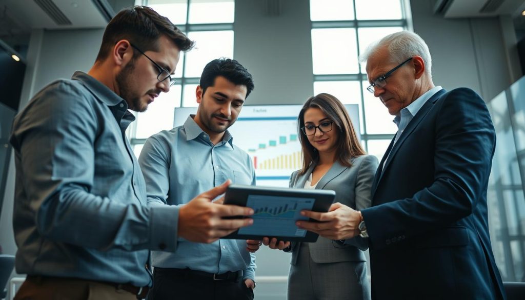 A bank's risk management team analyzing loan application data in a modern office environment. In the foreground, a diverse group of four professionals—two men and two women—are intently discussing over a digital tablet displaying loan metrics, wearing professional business attire. The middle layer shows a large screen in the background, featuring graphs and risk assessments. Natural light filters in through large windows, creating a bright yet serious atmosphere. The overall color scheme leans towards cool grays and blues, conveying professionalism and trust. The angle is slightly elevated, allowing for a comprehensive view of the team and their digital workspace, emphasizing collaboration in risk evaluation.