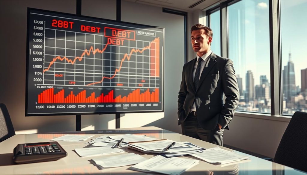 A business professional in business attire stands in a modern office, looking intently at a large screen displaying a complicated financial chart filled with rising debt indicators and red warning signals. In the foreground, a calculator and financial documents scattered on a sleek desk represent the burden of excessive debt. In the middle ground, a worried expression on the professional's face conveys the stress of high debt-to-income ratios and multiple debts. The background features large windows with a city skyline, emphasizing the high-stakes financial environment. Soft, natural lighting filters through, casting shadows that create a mood of tension and concern about financial stability and loan approvals. The overall atmosphere is serious and reflective, emphasizing the challenges related to high debt. A business professional in business attire stands in a modern office, looking intently at a large screen displaying a complicated financial chart filled with rising debt indicators and red warning signals. In the foreground, a calculator and financial documents scattered on a sleek desk represent the burden of excessive debt. In the middle ground, a worried expression on the professional's face conveys the stress of high debt-to-income ratios and multiple debts. The background features large windows with a city skyline, emphasizing the high-stakes financial environment. Soft, natural lighting filters through, casting shadows that create a mood of tension and concern about financial stability and loan approvals. The overall atmosphere is serious and reflective, emphasizing the challenges related to high debt.