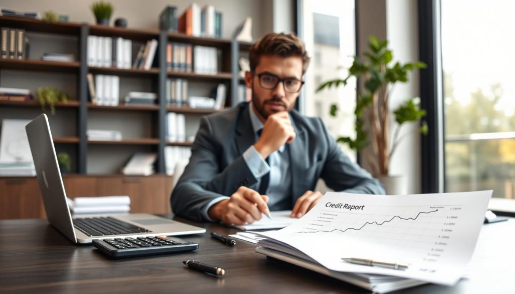 A business professional sitting at a modern desk, reviewing financial documents with a thoughtful expression. In the foreground, a close-up of a credit report displays improved scores, while a calculator and a pen rest nearby. The middle ground features a laptop with a graph illustrating upward trends in credit scores. Background elements include a well-organized bookshelf filled with finance guides, a potted plant for a touch of greenery, and large windows allowing natural light to flood the space. The scene conveys a motivated and forward-thinking atmosphere, emphasizing determination and professionalism. Soft, diffused lighting enhances the positive mood, while a slight depth of field draws focus to the credit report, emphasizing the importance of improving credit conditions.