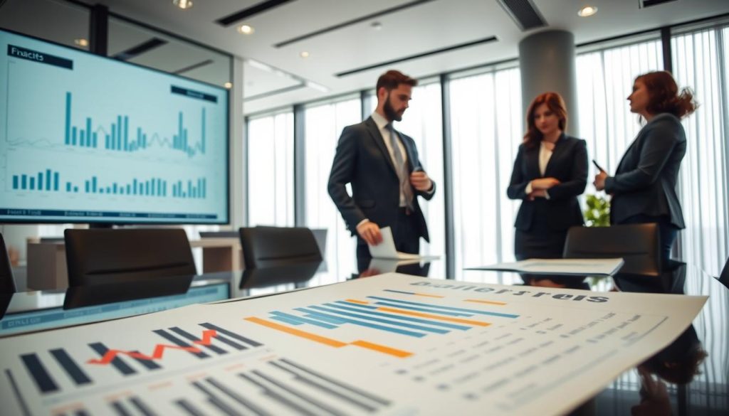 A business professional stands at a sleek conference table, analyzing financial graphs displayed on a digital screen. The foreground showcases a detailed view of financial documents, such as budgets and cash flow statements, emphasizing precise calculations. In the middle ground, the individual, dressed in a tailored suit, is engaged in strategic discussions with colleagues, all depicted in smart business attire, emphasizing professionalism and collaboration. In the background, an elegantly designed office space is visible, with large windows allowing natural light to pour in, creating a bright and productive atmosphere. The overall mood is focused and strategic, reflecting careful planning and risk management in financial control. The scene is shot with a wide-angle lens, enhancing the dynamic interaction within the space.