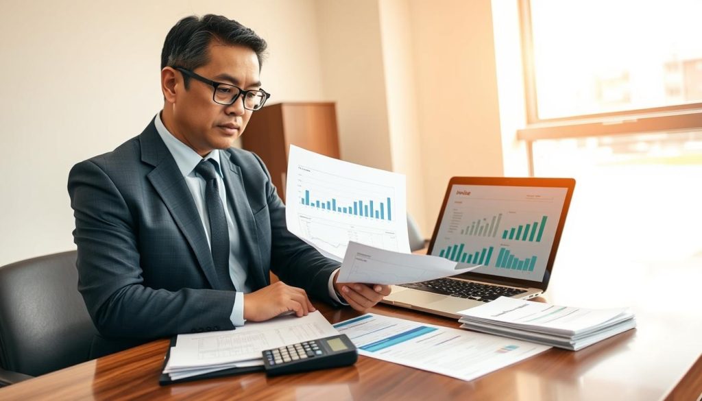 A business setting depicting clear and organized financial documents on a sleek wooden desk. In the foreground, a well-dressed professional, a middle-aged Asian man, is examining a financial report with a thoughtful expression, wearing a tailored suit and glasses. Beside him, a laptop displays charts and graphs illustrating cash flow trends. In the middle, a stack of neatly arranged invoices and a calculator lend to the theme of financial clarity. The background features a softly lit office with a large window, letting in warm daylight, adding an inviting atmosphere. The overall mood is professional and focused, emphasizing the importance of transparency in financial reporting. A business setting depicting clear and organized financial documents on a sleek wooden desk. In the foreground, a well-dressed professional, a middle-aged Asian man, is examining a financial report with a thoughtful expression, wearing a tailored suit and glasses. Beside him, a laptop displays charts and graphs illustrating cash flow trends. In the middle, a stack of neatly arranged invoices and a calculator lend to the theme of financial clarity. The background features a softly lit office with a large window, letting in warm daylight, adding an inviting atmosphere. The overall mood is professional and focused, emphasizing the importance of transparency in financial reporting.