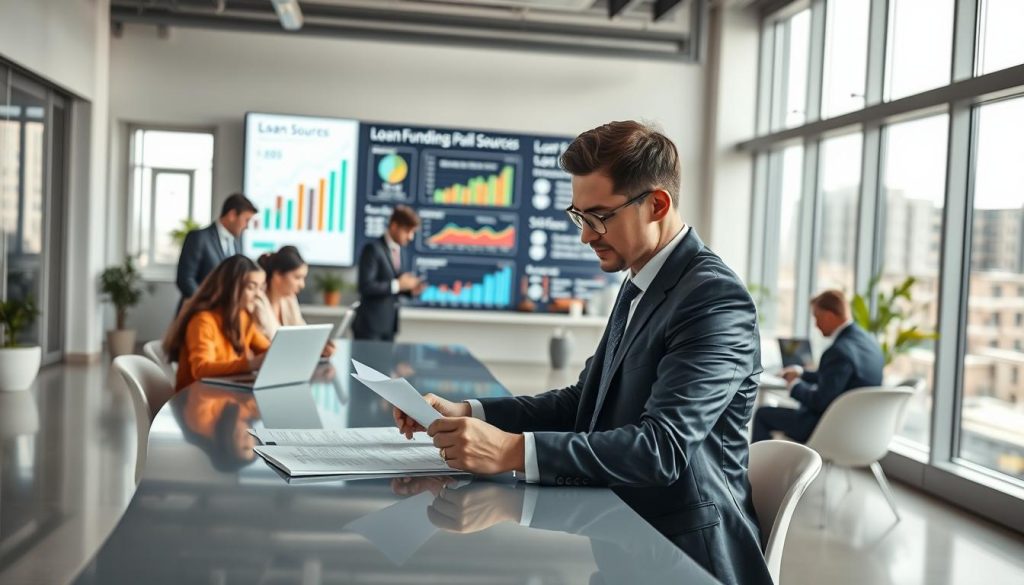 A bustling modern office space featuring a professional team engaged in discussions about loan processes. In the foreground, an attentive financial advisor in a smart business suit analyzes documents on a sleek table, surrounded by diverse colleagues focused on laptops and charts. The middle layer showcases a large digital screen displaying graphs and statistics related to loan funding sources. In the background, tall windows let in soft, natural light, creating an open and inviting atmosphere. The scene emphasizes collaboration and professionalism, with an air of aspiration and efficiency. The overall mood is optimistic and focused, highlighting the intermediary role of the platform in the loan process, while maintaining a clean and organized setting suitable for a financial discussion. A bustling modern office space featuring a professional team engaged in discussions about loan processes. In the foreground, an attentive financial advisor in a smart business suit analyzes documents on a sleek table, surrounded by diverse colleagues focused on laptops and charts. The middle layer showcases a large digital screen displaying graphs and statistics related to loan funding sources. In the background, tall windows let in soft, natural light, creating an open and inviting atmosphere. The scene emphasizes collaboration and professionalism, with an air of aspiration and efficiency. The overall mood is optimistic and focused, highlighting the intermediary role of the platform in the loan process, while maintaining a clean and organized setting suitable for a financial discussion.