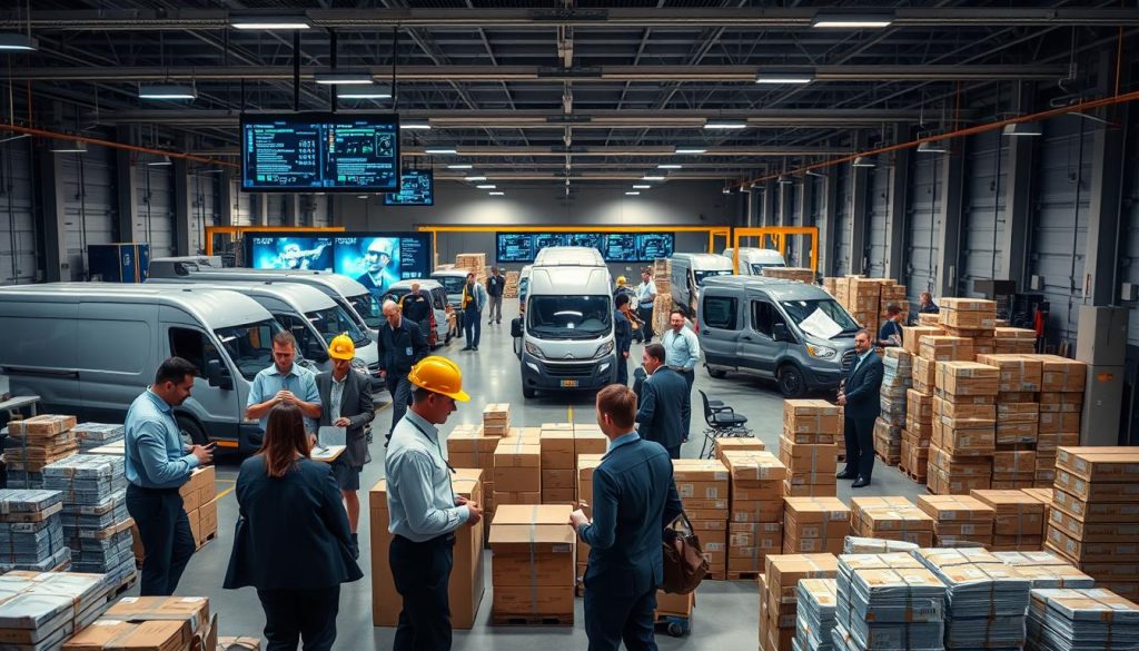 A busy logistics hub showcasing a multi-platform delivery process, with a clear focus on various key stages. In the foreground, convey diverse delivery personnel in professional attire discussing shipment details and examining packages. The middle ground features sleek delivery vehicles ready for dispatch, along with organized stacks of parcels waiting to be loaded. In the background, show a digitally enhanced control room with multiple screens displaying real-time data and tracking systems. The lighting is bright and dynamic, creating a sense of urgency and efficiency. The atmosphere is bustling yet organized, highlighting the complexity and interconnectedness of the delivery process. The scene is captured from a slightly elevated angle to provide a comprehensive view of the operations.