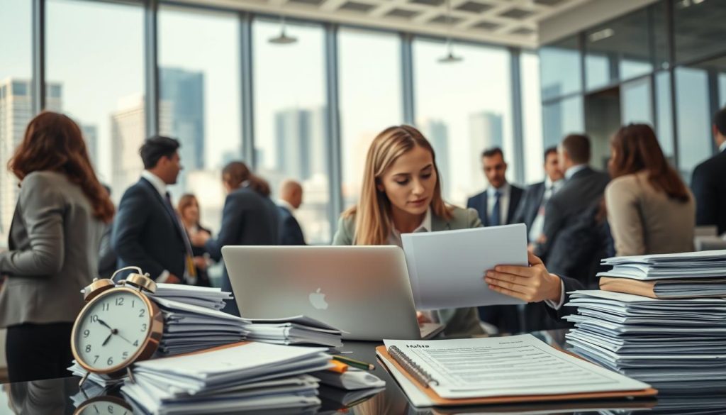 A busy office environment with a professional atmosphere, showcasing a diverse team of people in business attire. In the foreground, a woman and a man are engaged in a focused discussion over a laptop, highlighting the theme of speeding up loan application reviews. The middle ground features stacks of paperwork, a visible clock showing urgency, and a detailed checklist on a clipboard. In the background, a glass window reveals a bustling cityscape, symbolizing a dynamic financial landscape. The lighting is bright and energetic, creating a sense of motivation and urgency, with a slightly shallow depth of field to emphasize the main characters while keeping the background slightly blurred. The overall mood is professional, determined, and collaborative, perfect for illustrating the art of expediting the review process.