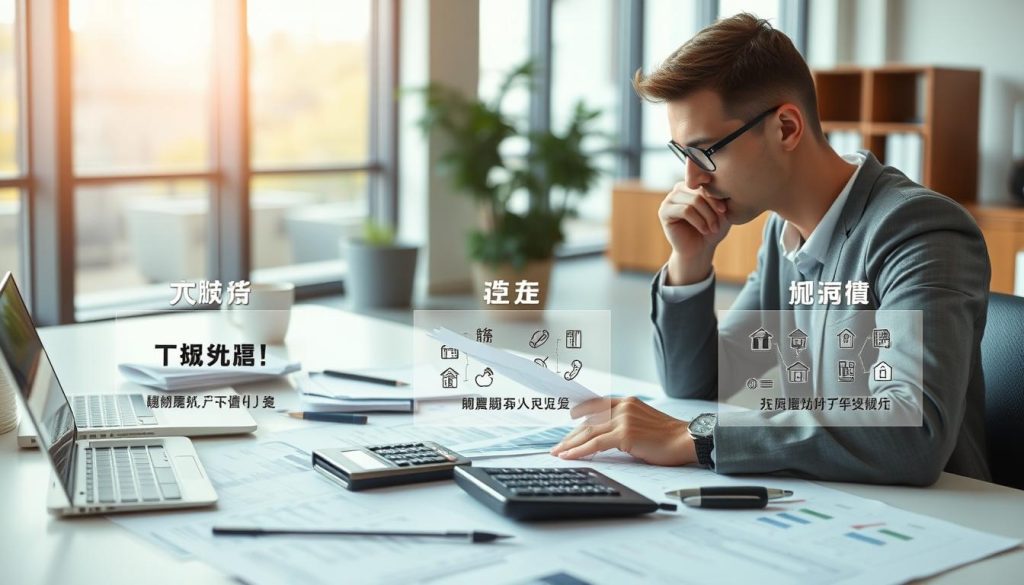 A clear and informative visual representation of the differences among three types of mortgage options: "增貸," "轉貸," and "二胎房貸." In the foreground, display a professional businessperson in business attire, thoughtfully analyzing mortgage documents on a desk filled with financial papers, calculators, and a laptop. In the middle ground, depict three distinct labeled sections withFlowcharts or diagrams illustrating key differences visually as icons. The background should show a modern office space with soft, natural lighting pouring in through large windows, creating a calm and focused atmosphere. Use a slightly angled perspective to emphasize depth and engagement in the scene without any text or labels. A clear and informative visual representation of the differences among three types of mortgage options: "增貸," "轉貸," and "二胎房貸." In the foreground, display a professional businessperson in business attire, thoughtfully analyzing mortgage documents on a desk filled with financial papers, calculators, and a laptop. In the middle ground, depict three distinct labeled sections withFlowcharts or diagrams illustrating key differences visually as icons. The background should show a modern office space with soft, natural lighting pouring in through large windows, creating a calm and focused atmosphere. Use a slightly angled perspective to emphasize depth and engagement in the scene without any text or labels.