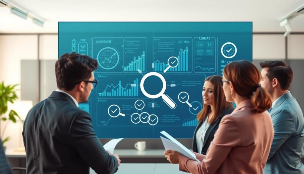 A clear, professional illustration of an auditing mechanism focused on error detection in loan matching platforms. In the foreground, a diverse team of professionals—two men and a woman—are engaged in a discussion around a large, digital display showing complex graphs and data. They wear business attire and look focused and analytical. The middle layer features various symbols of verification processes, such as checkmarks and magnifying glasses, seamlessly integrated into the data visualizations. In the background, an office environment with soft, ambient lighting creates a serious, yet collaborative atmosphere. The image captures the essence of scrutiny and verification amidst a modern, tech-driven setting, evoking a sense of diligence and accuracy in financial assessments.