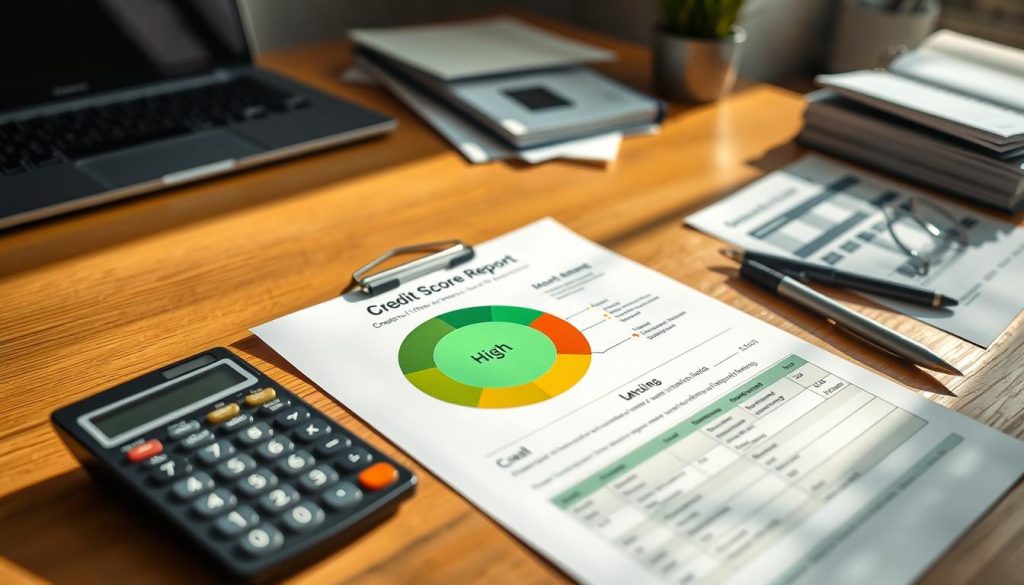 A close-up depiction of a credit score report on a wooden desk, with a calculator and a pen beside it. The report highlights a credit score prominently, indicated by a vibrant, green circle showing a high score, surrounded by pie charts that reflect loan types and payment history. In the background, soft-focus office items like a laptop and financial documents convey a professional atmosphere. Natural light streams in from a nearby window, casting gentle shadows and creating a warm ambiance. The overall mood is serious yet encouraging, emphasizing financial assessment and decision-making, aimed to assist individuals in understanding their creditworthiness.