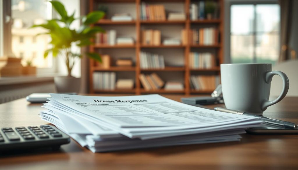 A close-up image of a modern financial advisor's desk, featuring a neatly organized stack of mortgage application documents, a calculator, and a cup of coffee, all bathed in soft, natural light from a large window in the background. The scene captures the essence of house loan-related expenses, with a focus on detailed items like expense charts and financial summaries. In the background, there are shelves filled with finance-related books and a green plant to add warmth. The atmosphere is calm and professional, aimed at evoking a sense of trust and clarity in the mortgage application process. Use a shallow depth of field to emphasize the desk items while slightly blurring the background, creating a focus on the mortgage expenses depicted. A close-up image of a modern financial advisor's desk, featuring a neatly organized stack of mortgage application documents, a calculator, and a cup of coffee, all bathed in soft, natural light from a large window in the background. The scene captures the essence of house loan-related expenses, with a focus on detailed items like expense charts and financial summaries. In the background, there are shelves filled with finance-related books and a green plant to add warmth. The atmosphere is calm and professional, aimed at evoking a sense of trust and clarity in the mortgage application process. Use a shallow depth of field to emphasize the desk items while slightly blurring the background, creating a focus on the mortgage expenses depicted.