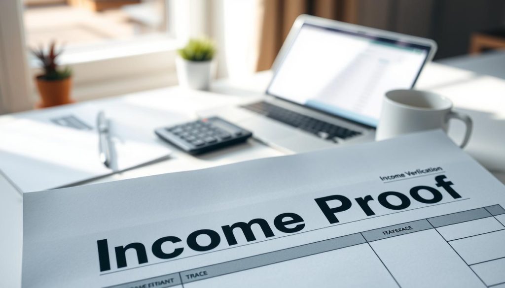 A close-up image of a realistic income verification document labeled "Income Proof" prominently displayed in the foreground, showcasing detailed elements such as official logos, a watermark, and structured tabs. The middle background features a neatly organized desk with a laptop open to a spreadsheet, a calculator, and a cup of coffee, suggesting a professional working environment. Soft natural light filters through a nearby window, casting gentle shadows for depth. The overall atmosphere is focused and serious, conveying the importance of filling out accurate financial information. No people are present, maintaining a neutral, professional tone, and ensuring clarity and legibility of the document details.