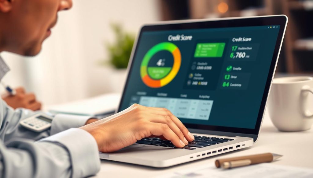 A close-up of a credit score report displayed on a modern laptop screen, emphasizing a high score with vibrant colors. In the foreground, a professional individual wearing business attire is focusing intently on the screen, their fingers poised over a keyboard, suggesting action and analysis. In the middle ground, a neatly organized workspace can be seen with financial documents, a calculator, and a coffee cup, adding context to the setting. The background features soft bokeh of an office environment with warm lighting, creating an inviting atmosphere. The scene conveys a sense of diligence and responsibility, illustrating the importance of checking one's credit score before applying for a car loan.
